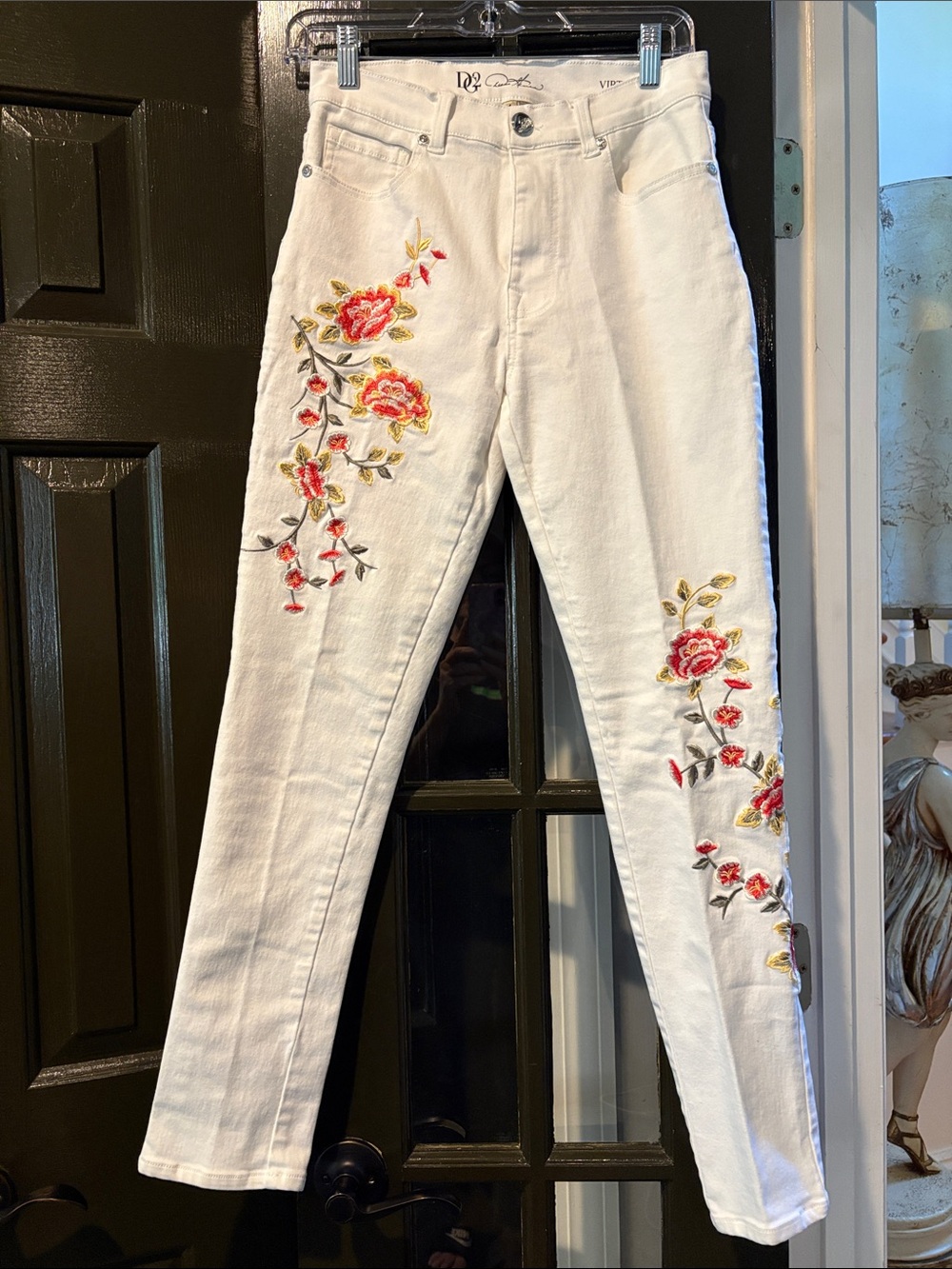 DG2 by Diane Gilman White Skinny Jeans with Pink & Yellow Floral Embroidery